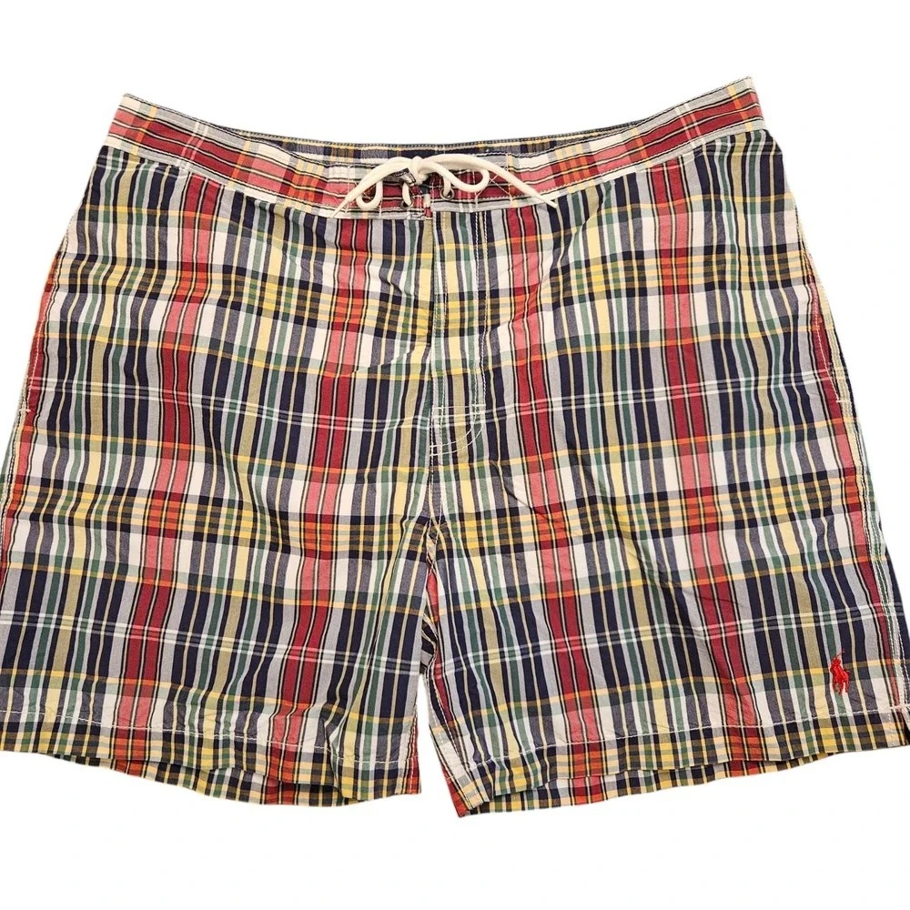 Polo Ralph Lauren Swim Trunks Adult XL Plaid Lined Board Shorts Red Pony Mens